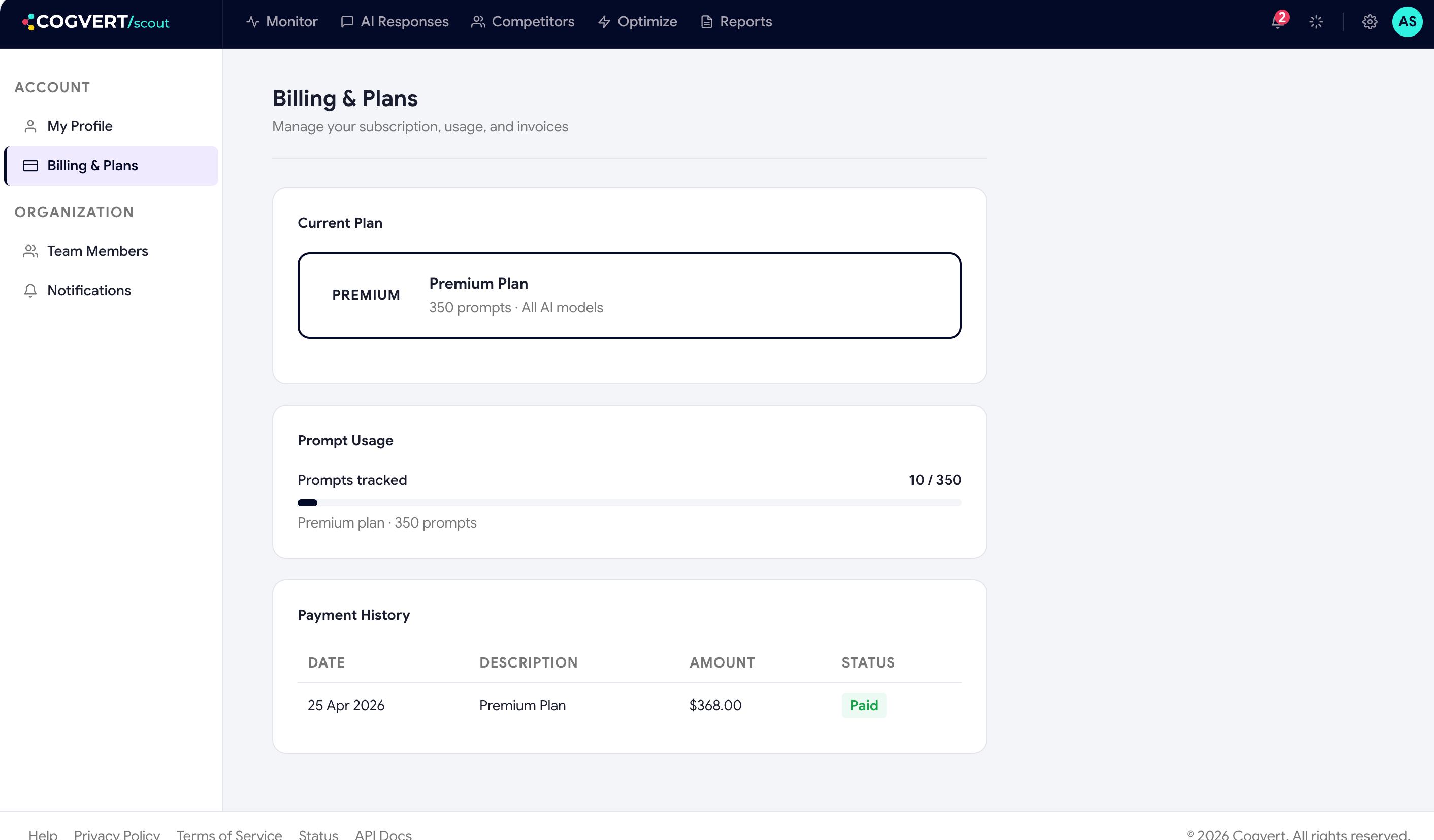 Billing and plans page in the dashboard