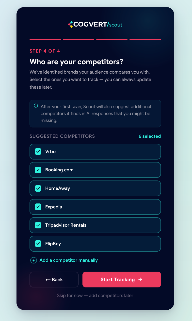 Competitor selection during onboarding wizard