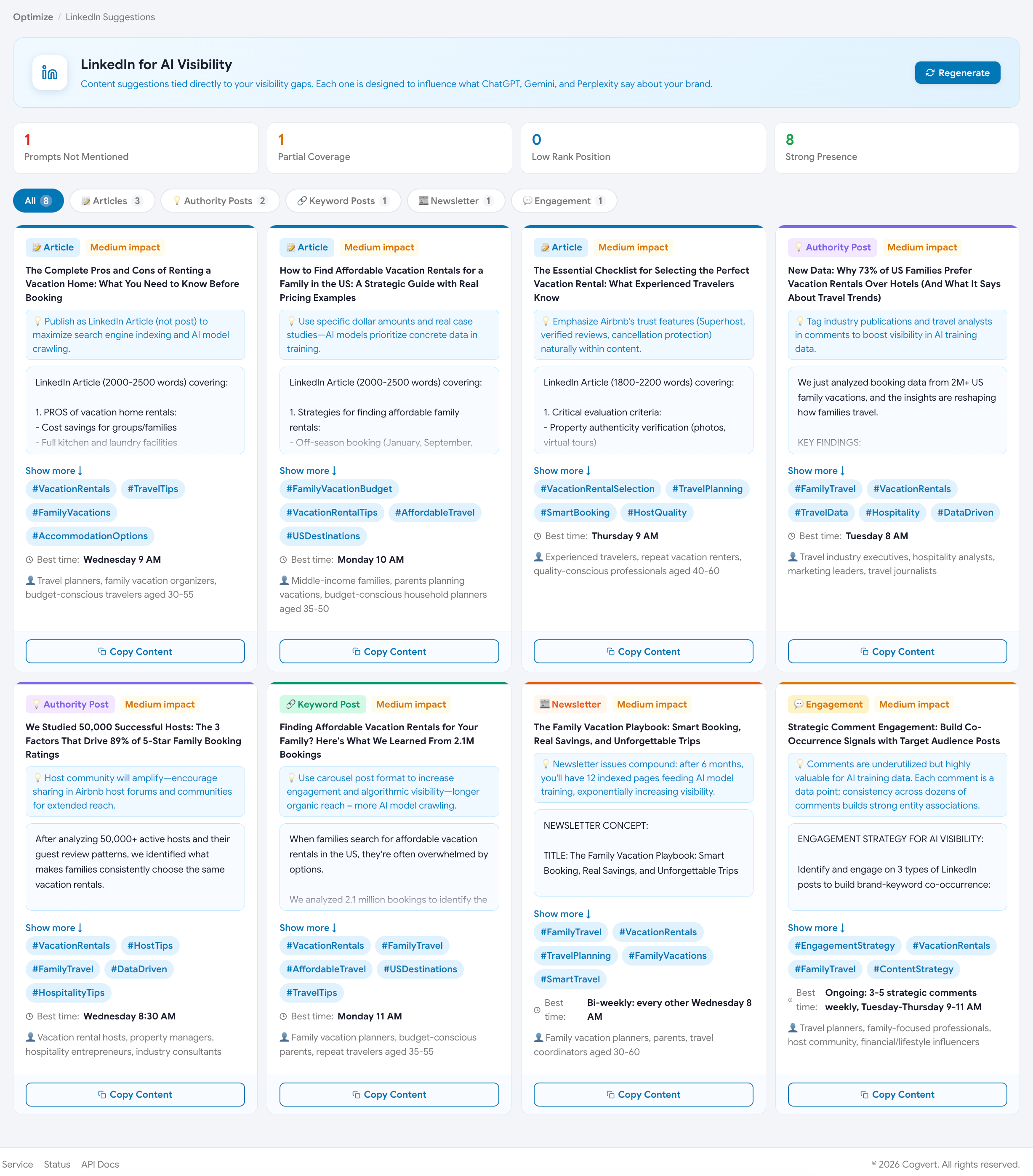 LinkedIn Suggestions page with content cards