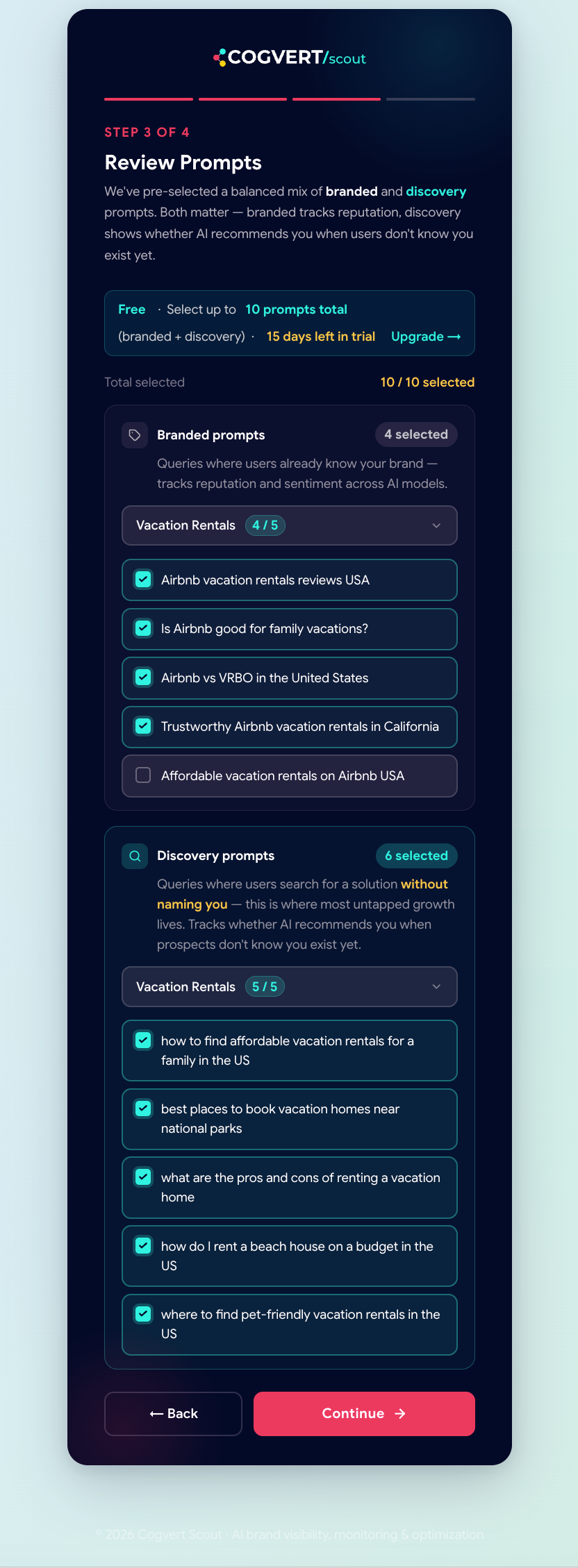 Prompts selection in the onboarding flow