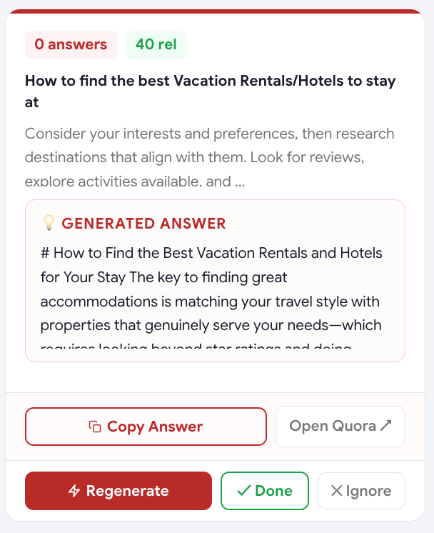 Generated Quora answer with copy and edit options