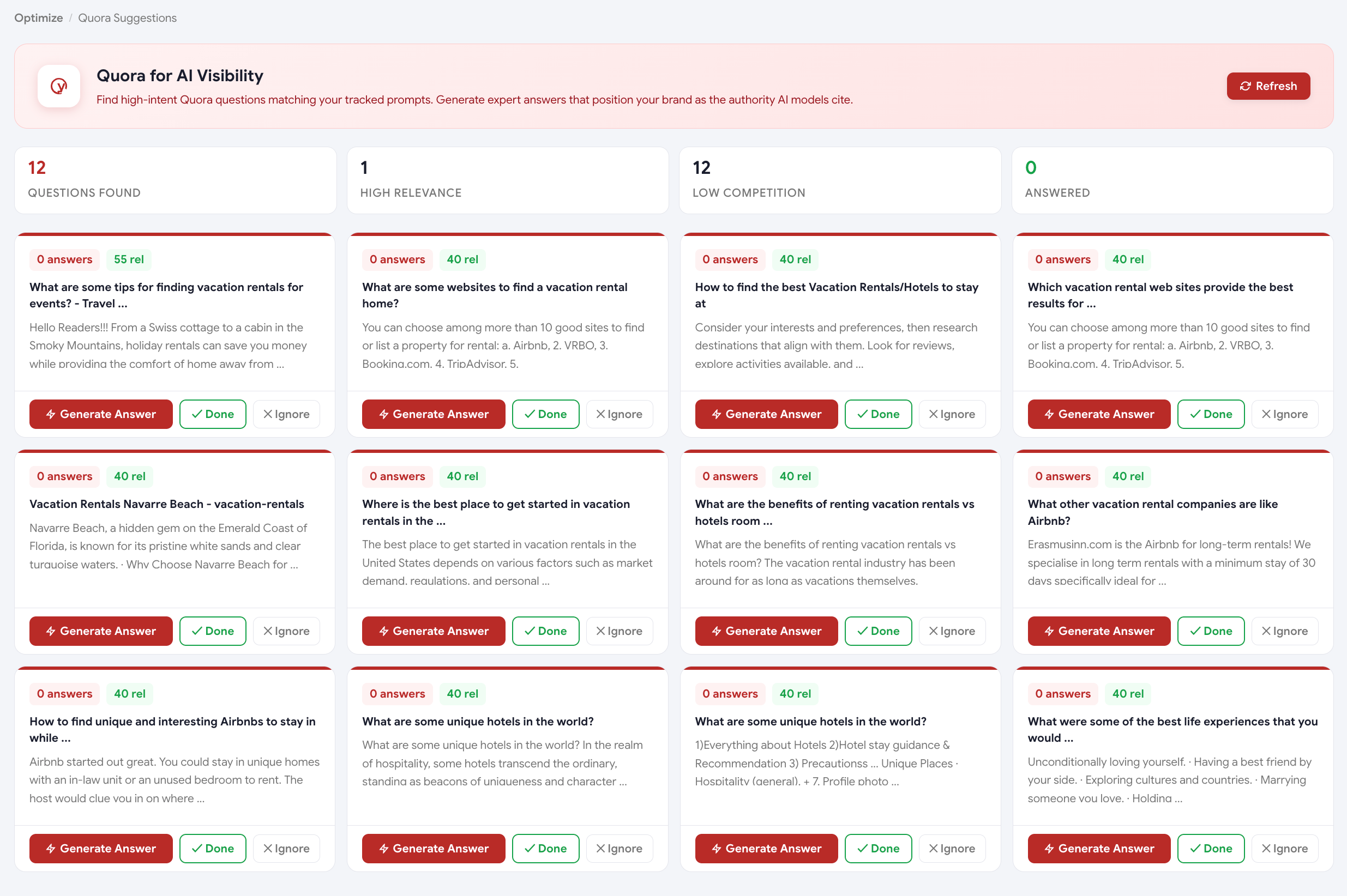 Quora Suggestions page with question cards and expert answer drafts