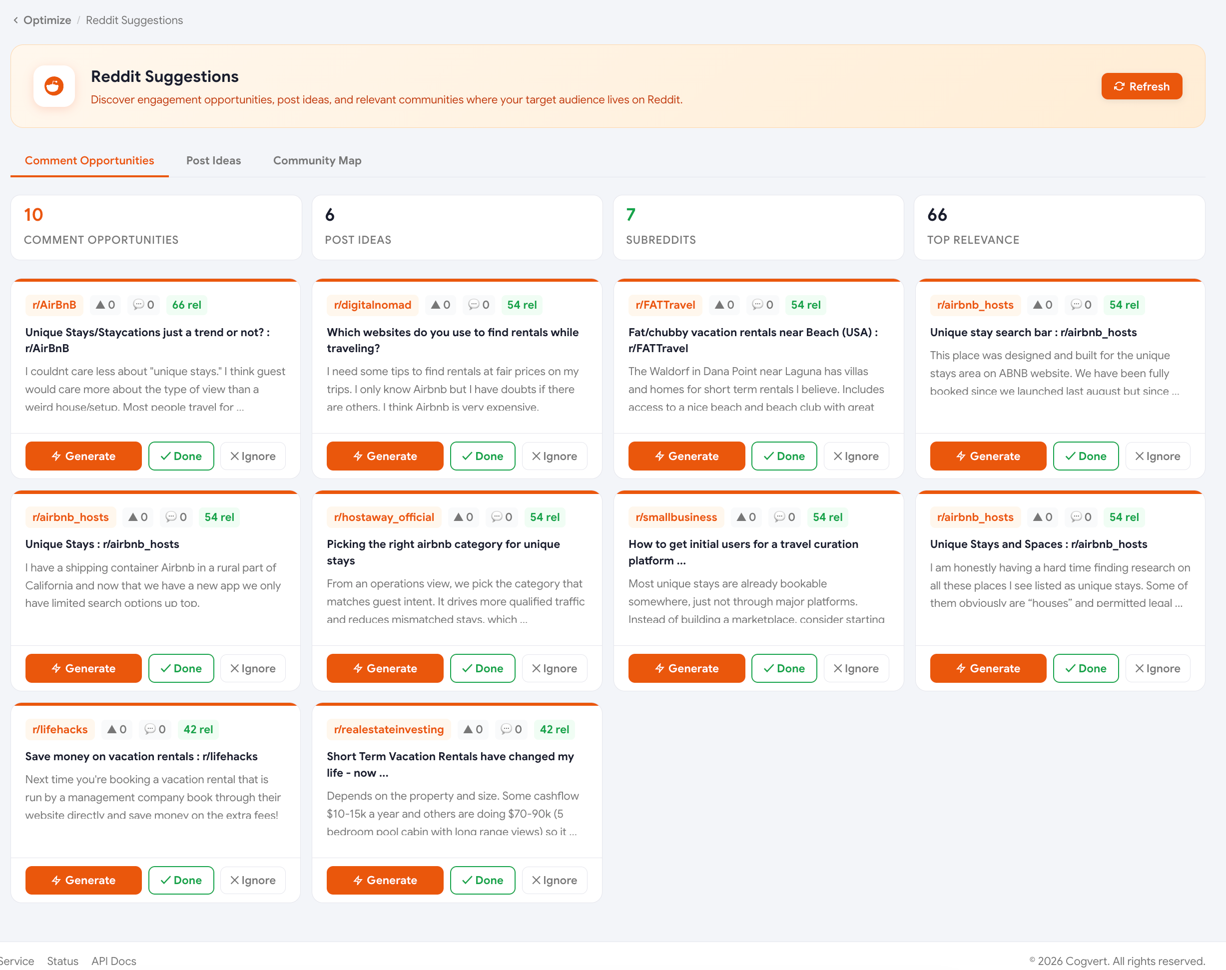 Reddit Suggestions page with thread cards and subreddit sidebar