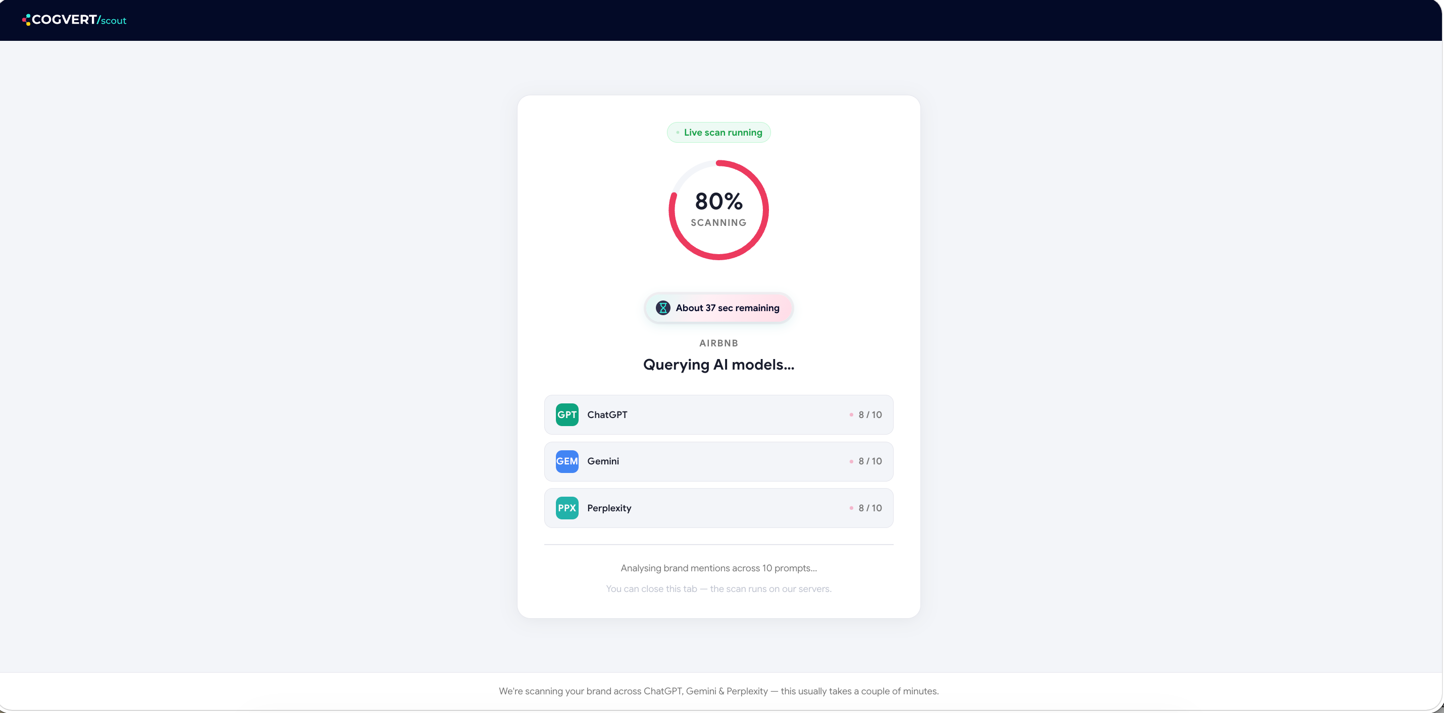Live scan progress page with per-prompt status and time remaining