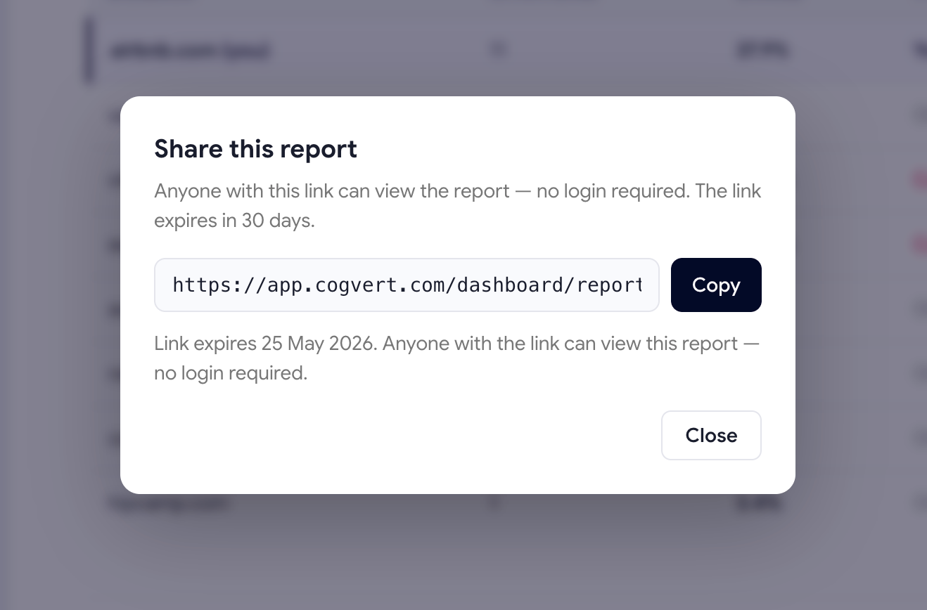 Share report dialog with public URL and revoke button